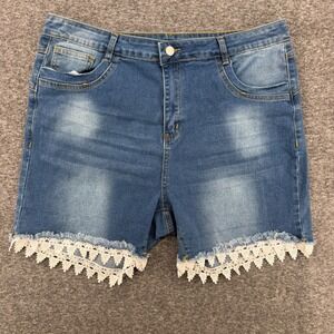 Nova Blue Womens 3XL Denim Shorts Medium Wash Crochet Lace Trim Frayed Hem Boho